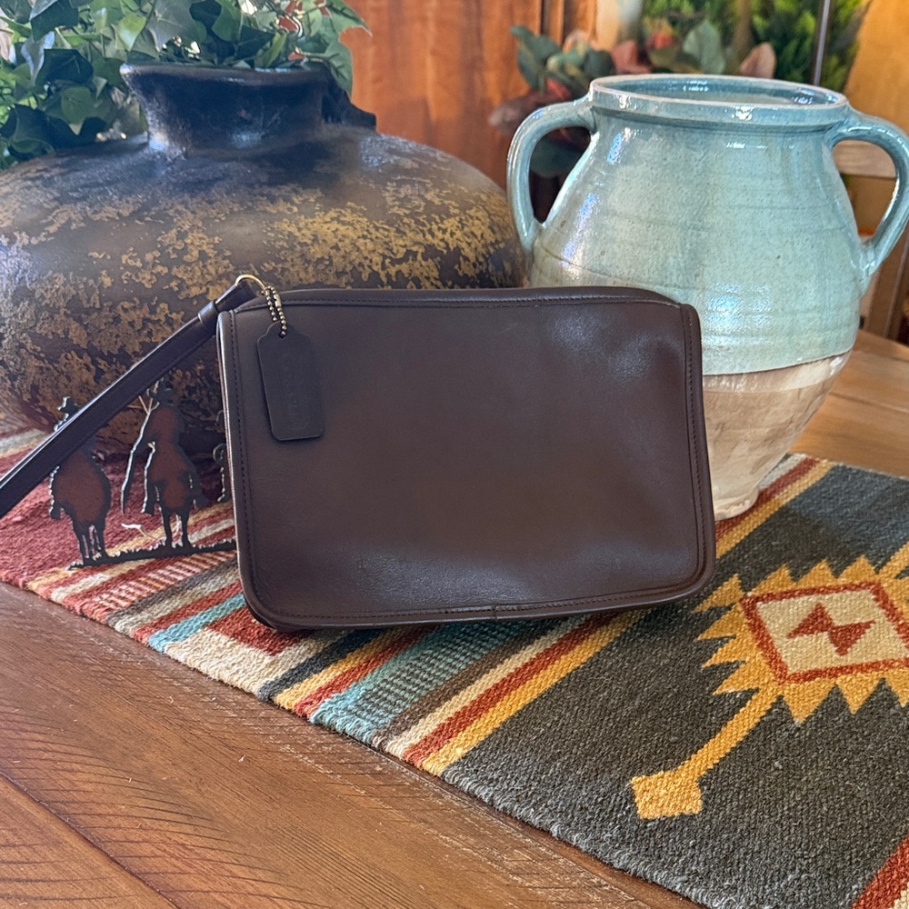 Elegant Brown Leather Zip Top Clutch